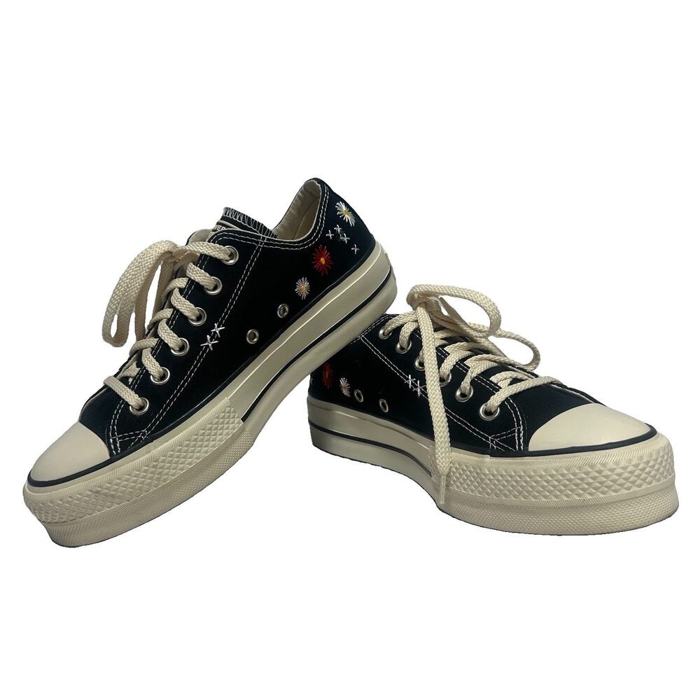 Converse All Star Lift Platform Low Shoes Womens Black Sz 8 Floral Embroidery
